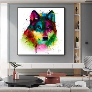 Tableau loup coloré en style artistique vibrant