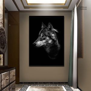 Tableau artistique représentant un loup en noir et blanc