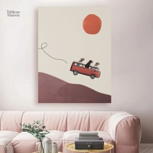 Tableau minimaliste surréaliste de chiens en van rétro
