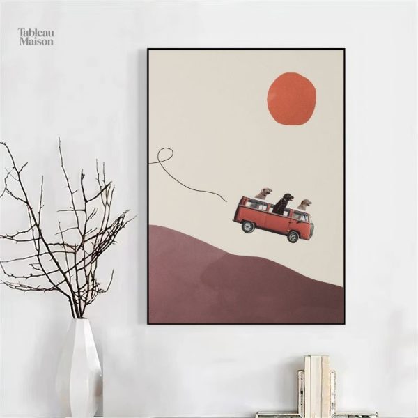 Art moderne avec chiens dans un van vintage
