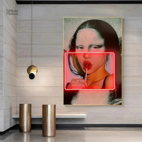Tableau artistique représentant la Mona Lisa en néon