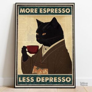 Tableau chat "More Espresso Less Depresso" en style moderne