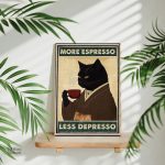 Art mural chat avec message humoristique sur le café