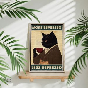 Art mural chat avec message humoristique sur le café
