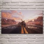 Art mural représentant une moto sur la célèbre Route 66, style vintage
