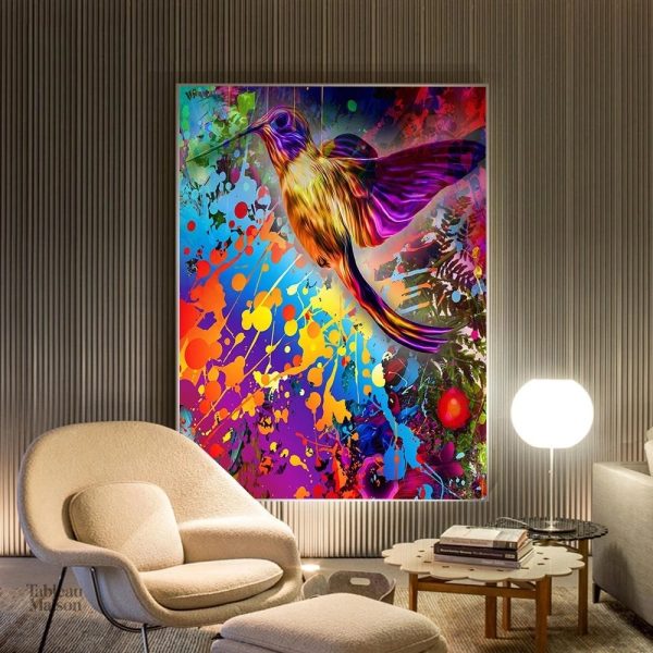 Oiseau coloré sur toile, œuvre d'art vibrant