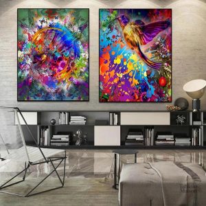 Tableau artistique représentant un oiseau en couleurs