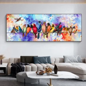 Tableau coloré représentant des oiseaux vibrants
