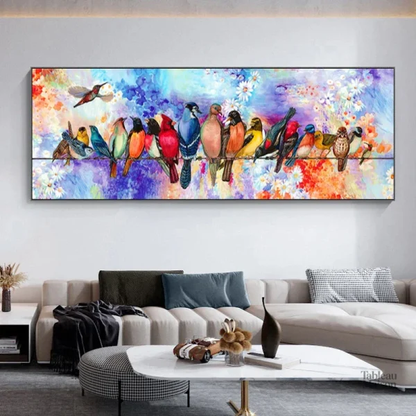 Tableau coloré représentant des oiseaux vibrants