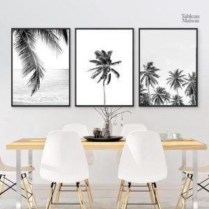 Tableau palmier noir et blanc minimaliste