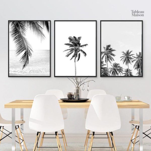 Tableau palmier noir et blanc minimaliste