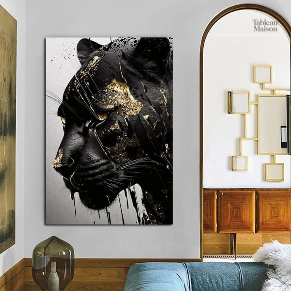 Tableau animaux : panthère noire stylisée en or
