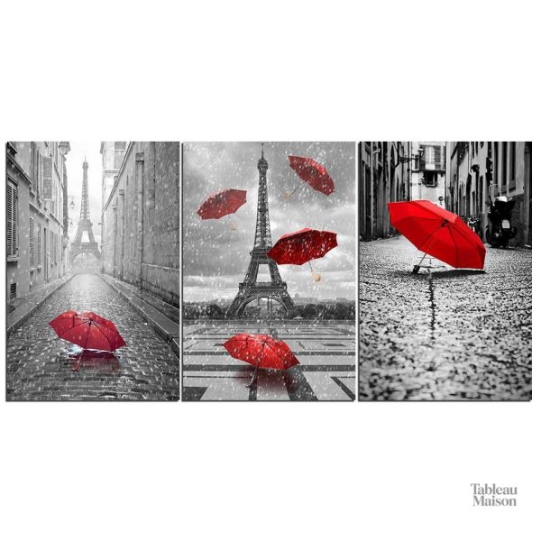 Détail d'un tableau représentant Paris et ses parapluies vibrants