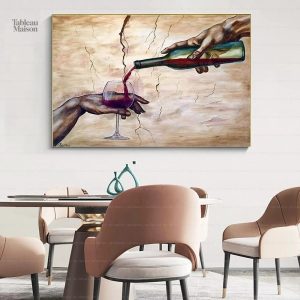 Tableau parodique de la création d'Adam avec verre de vin