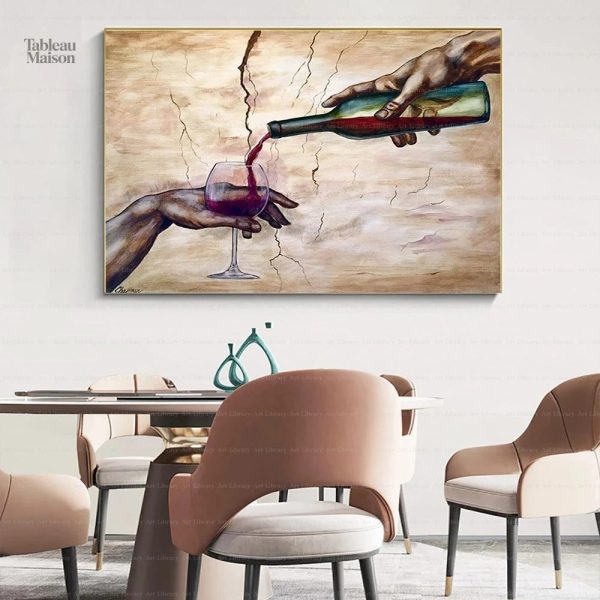 Tableau parodique de la création d'Adam avec verre de vin