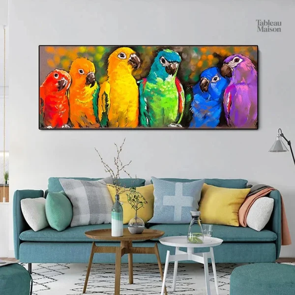 Tableau perroquet coloré, art mural vibrant