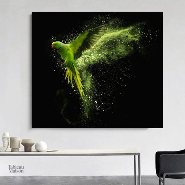 Tableau perroquet vert, œuvre colorée et vivante