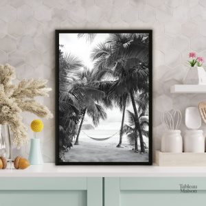 Tableau noir et blanc : hamac sur la plage