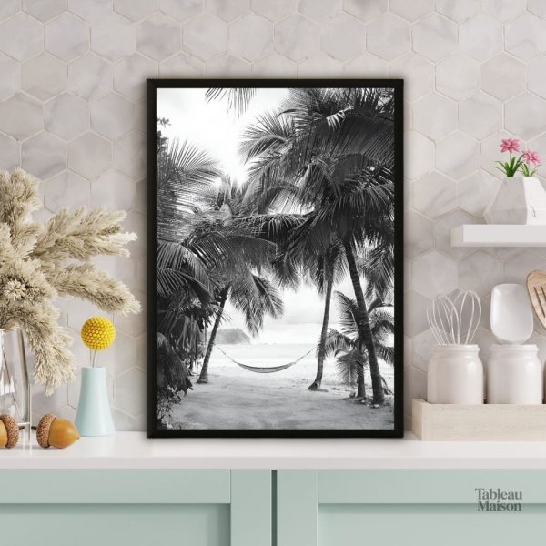 Tableau noir et blanc : hamac sur la plage