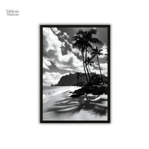 Décor mural en noir et blanc représentant une plage tropicale