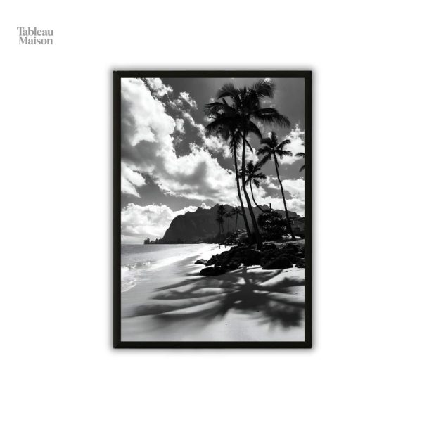 Décor mural en noir et blanc représentant une plage tropicale