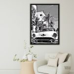 Décor mural représentant une voiture rétro sur fond de plage