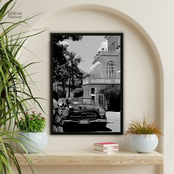 Tableau noir et blanc voiture vintage et villa