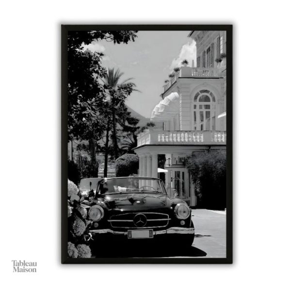 Art mural vintage en noir et blanc, voiture et villa élégante