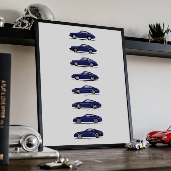 Art mural représentant l'évolution de la Porsche 911