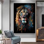 Reproduction artistique d'un lion en aquarelle colorée