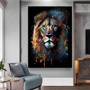 Reproduction artistique d'un lion en aquarelle colorée