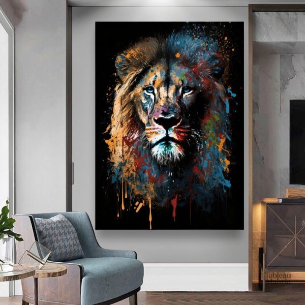 Reproduction artistique d'un lion en aquarelle colorée