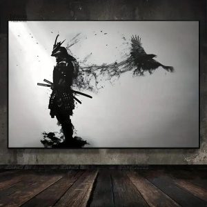 Art mural japonais : samouraï en monochrome