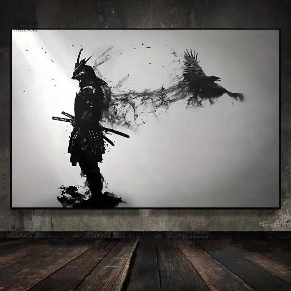 Art mural japonais : samouraï en monochrome