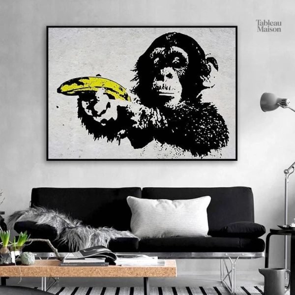Art mural singe, illustration amusante de primate et banane