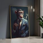 Tableau humoristique mettant en scène un singe en costume