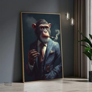 Tableau humoristique mettant en scène un singe en costume