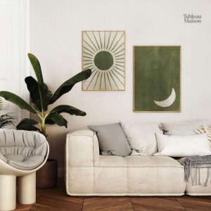 Tableau Soleil et Lune Vert Minimaliste