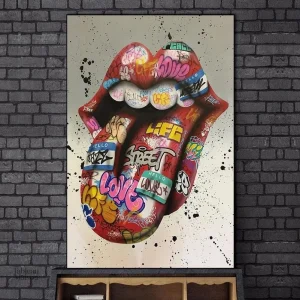 Oeuvre d'art urbain avec une bouche colorée et expressive