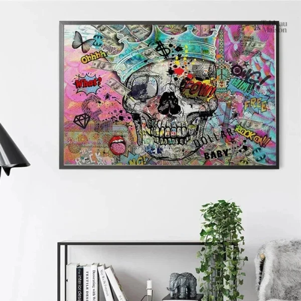 Tableau street art tête de mort stylisé