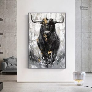 Tableau taureau noir et blanc en style contemporain