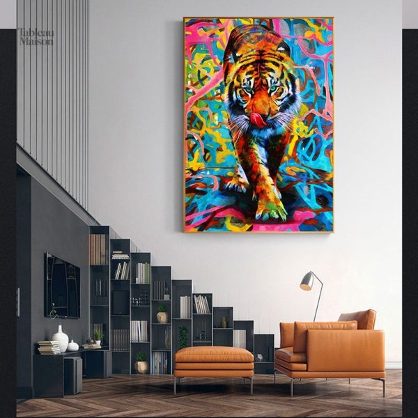 Tableau artistique représentant un tigre aux couleurs éclatantes