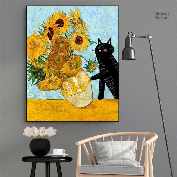 Tableau artistique de tournesols et chat