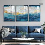 Tableau triptyque bleu avec motifs abstraits
