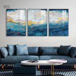 Œuvre d'art murale en trois parties, teintes bleues