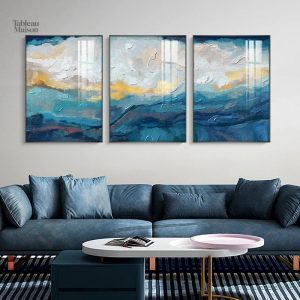 Œuvre d'art murale en trois parties, teintes bleues