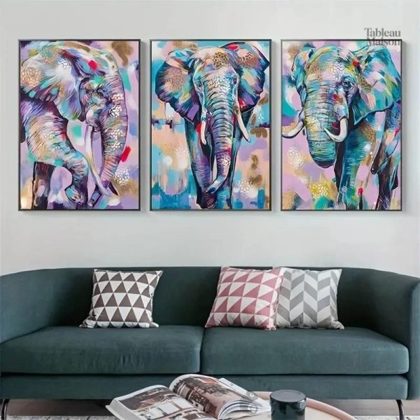 Tableau triptyque éléphant décoratif en trois parties