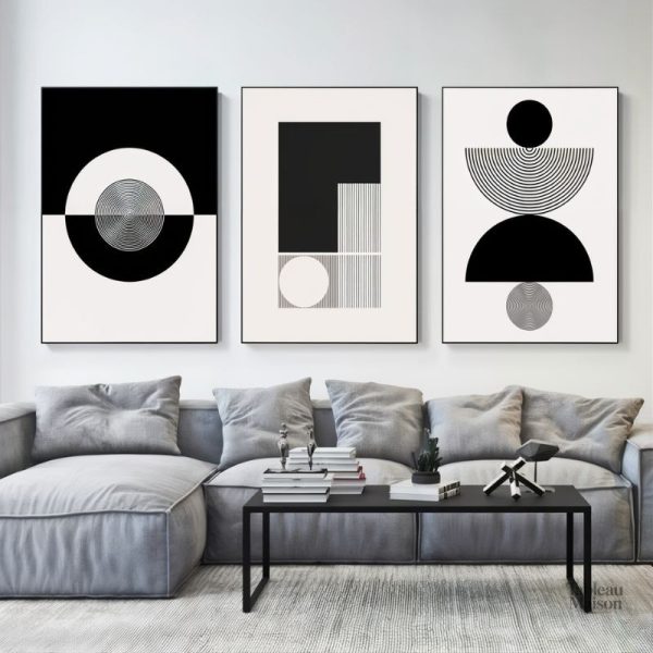 Tableau triptyque noir et blanc moderne