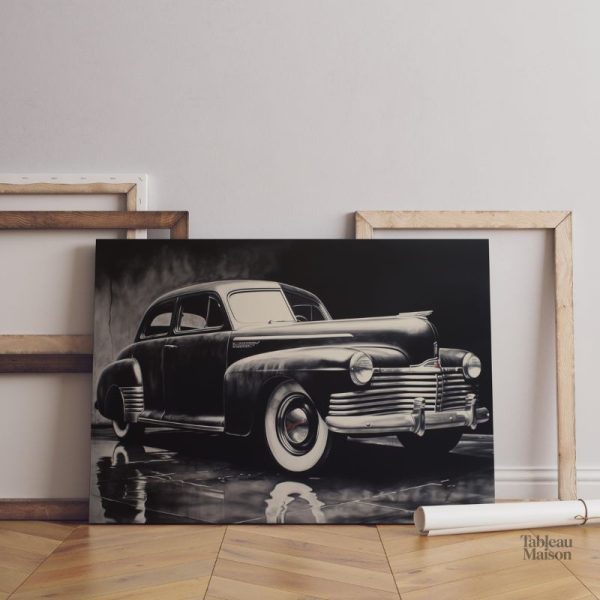 Art mural noir et blanc représentant une voiture classique