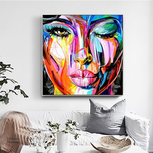 Œuvre d'art abstraite sur toile avec motifs de visage